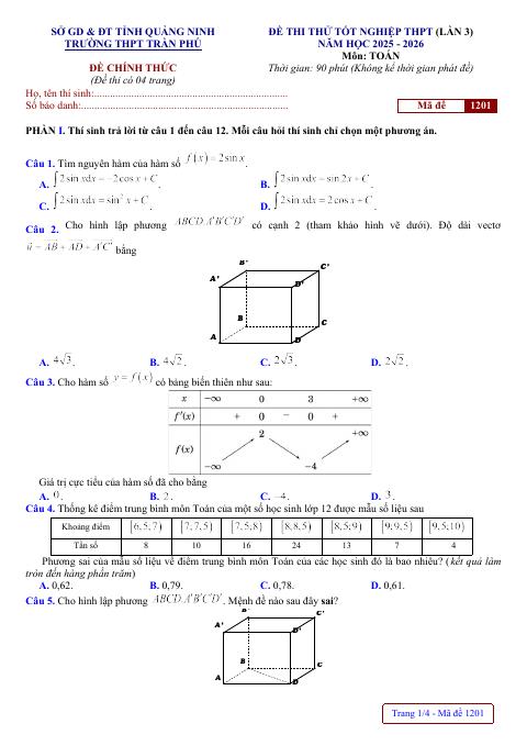 Đề thi thử TN THPT 2026 môn Toán lần 3 trường THPT Trần Phú – Quảng Ninh (bản Word)